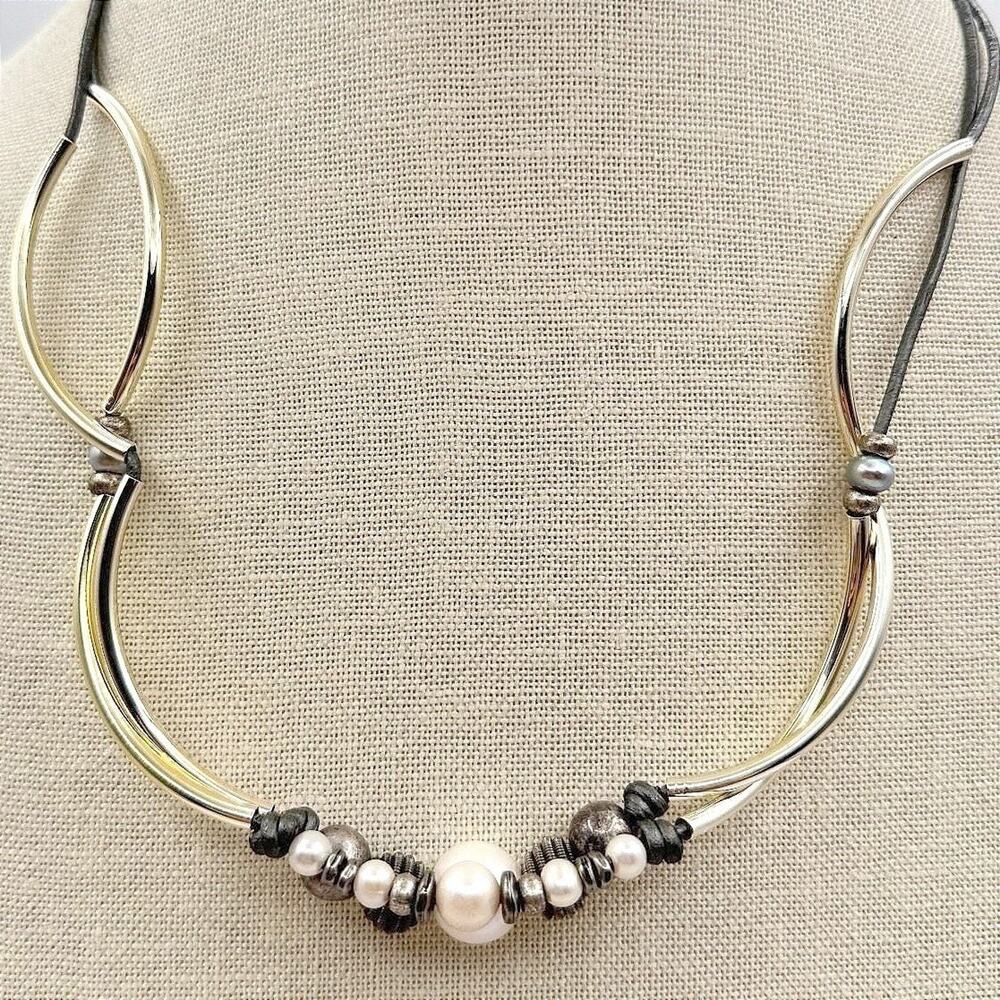 Vintage Gold Tone Collar Necklace Cord Faux Pearl White Gray Minimalist Artsy